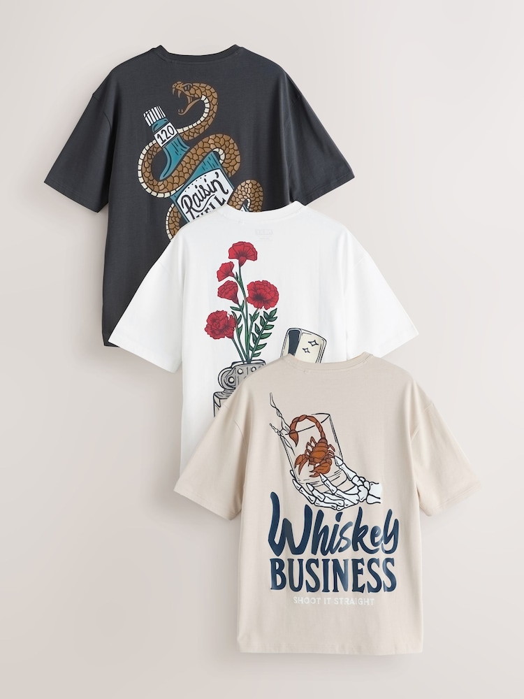 Charcoal / White / Stone Relaxed Fit Graphic Print T-Shirts 3 Pack - Image 1 of 15