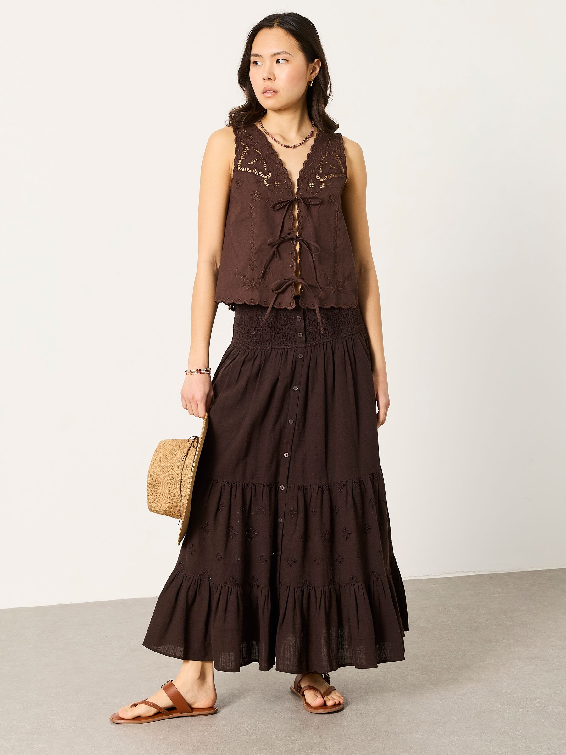 Fatface Rhea Chocolate Brown Cutwork Maxi Skirt