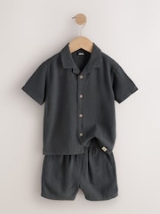 Charcoal Grey Short Sleeve Revere Collar Shirt & Shorts Set (3mths-10yrs) - Image 7 of 10