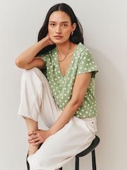Green Polka Dot V-Neck Cap Sleeve T-Shirt - Image 1 of 7