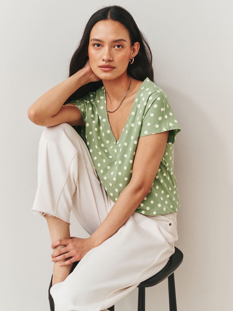 Green Polka Dot V-Neck Cap Sleeve T-Shirt - Image 1 of 7