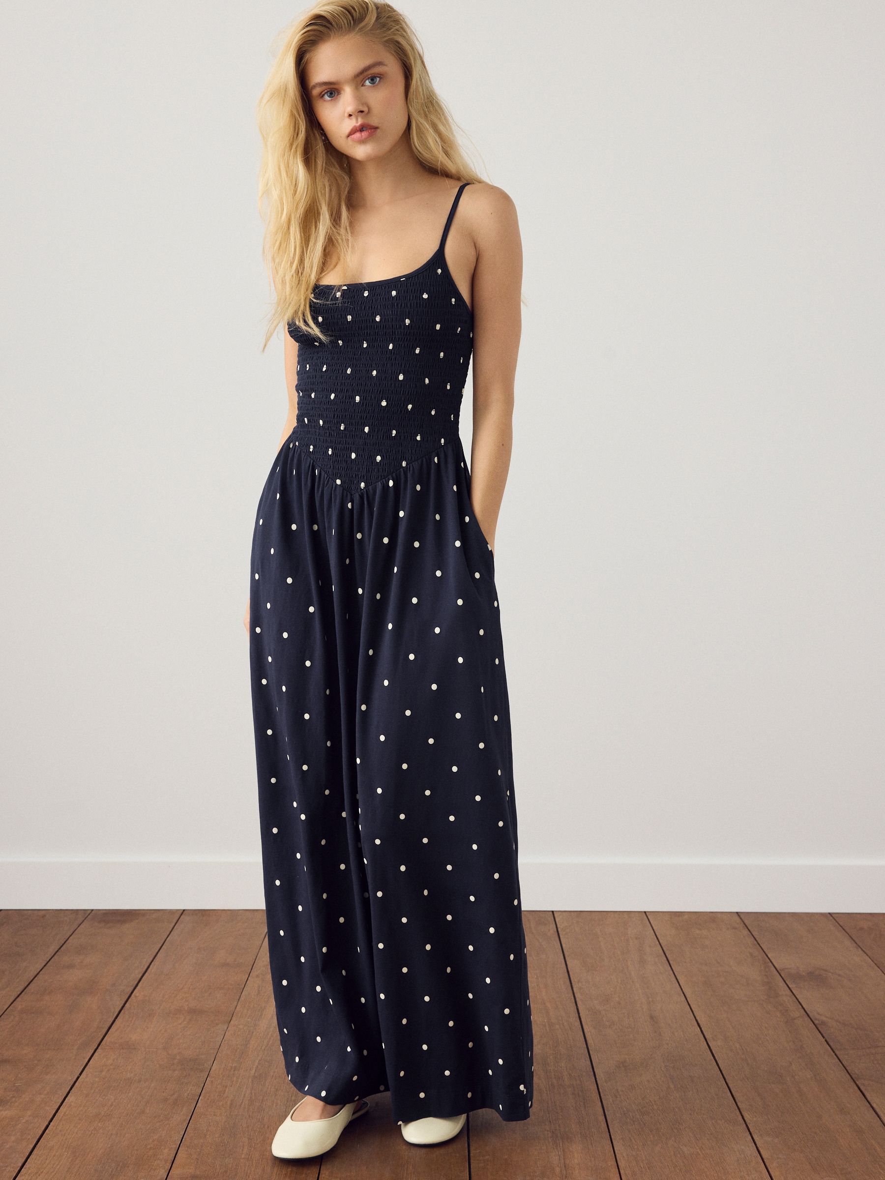 Buy Navy Blue Polka Dot Maxi Square Neck Shirred Strappy Dress