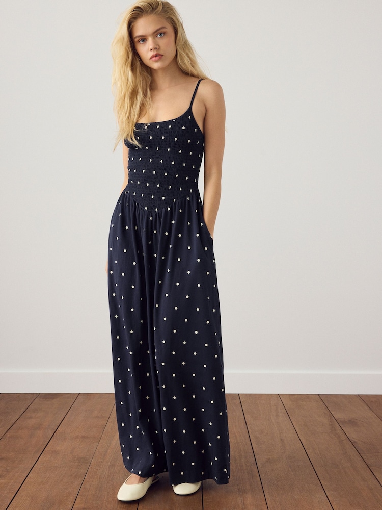 Navy Blue Polka Dot Maxi Square Neck Shirred Strappy Dress - Image 2 of 9