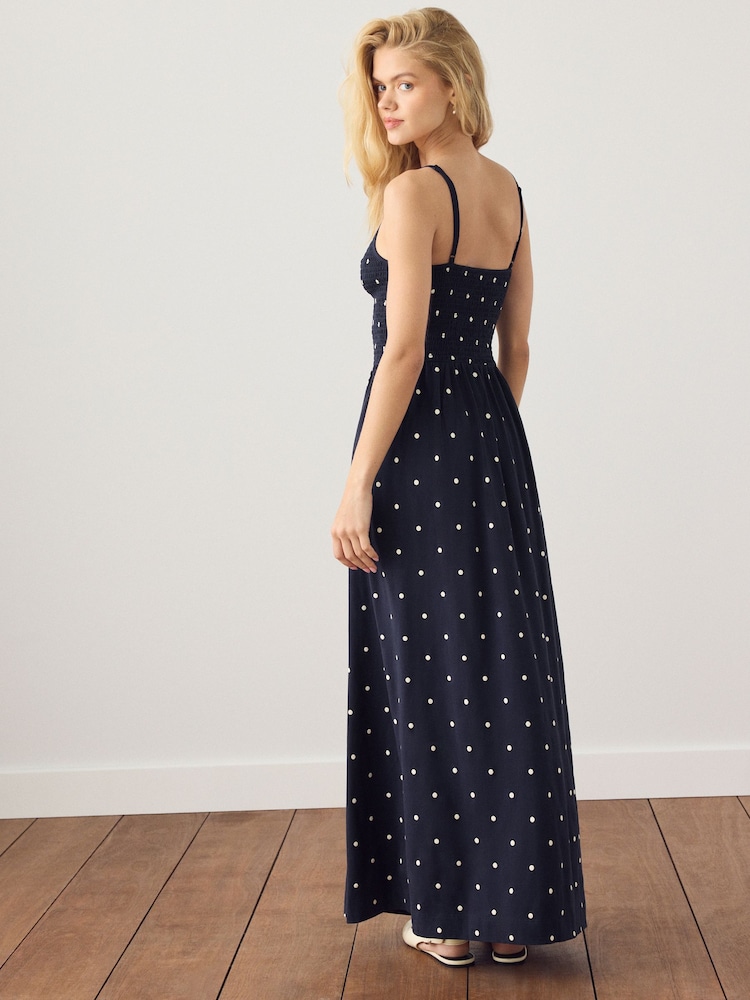 dark blue strappy dress Andres Otalora Eterna Brisa Embroidered Linen Midi Dress