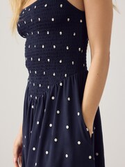 Navy Blue Polka Dot Maxi Square Neck Shirred Strappy Dress - Image 6 of 9