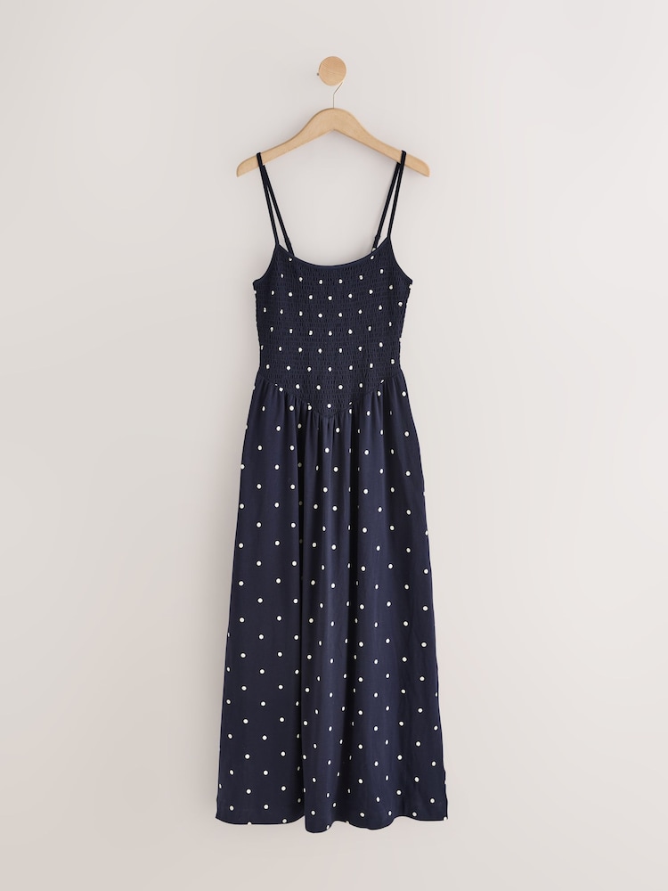 Buy Navy Blue Polka Dot Maxi Square Neck Shirred Strappy Dress from Next USA