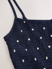 Navy Blue Polka Dot Maxi Square Neck Shirred Strappy Dress - Image 9 of 9