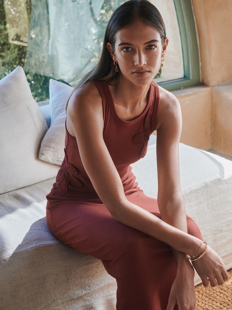 Red Ribbed Maxi Racerback Dress - Image 2 of 10