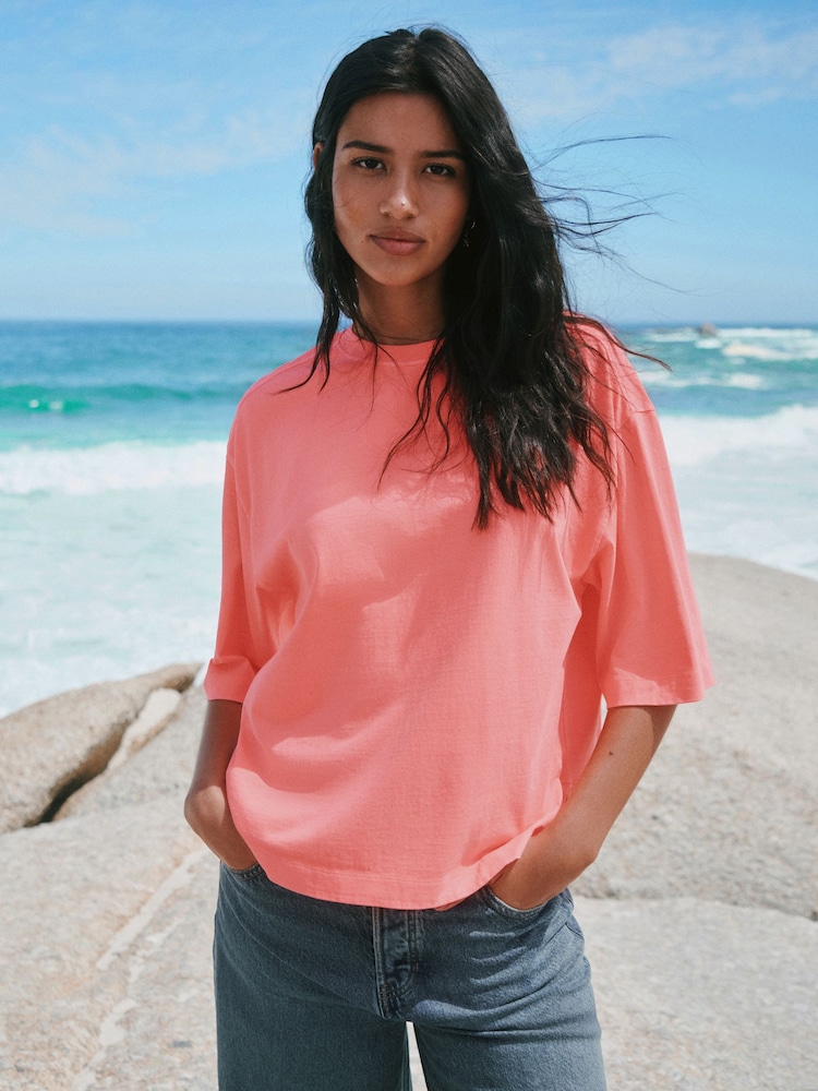 Fluro Pink Relaxed Boxy Elbow Length Crew Neck T-Shirt - Image 2 of 9