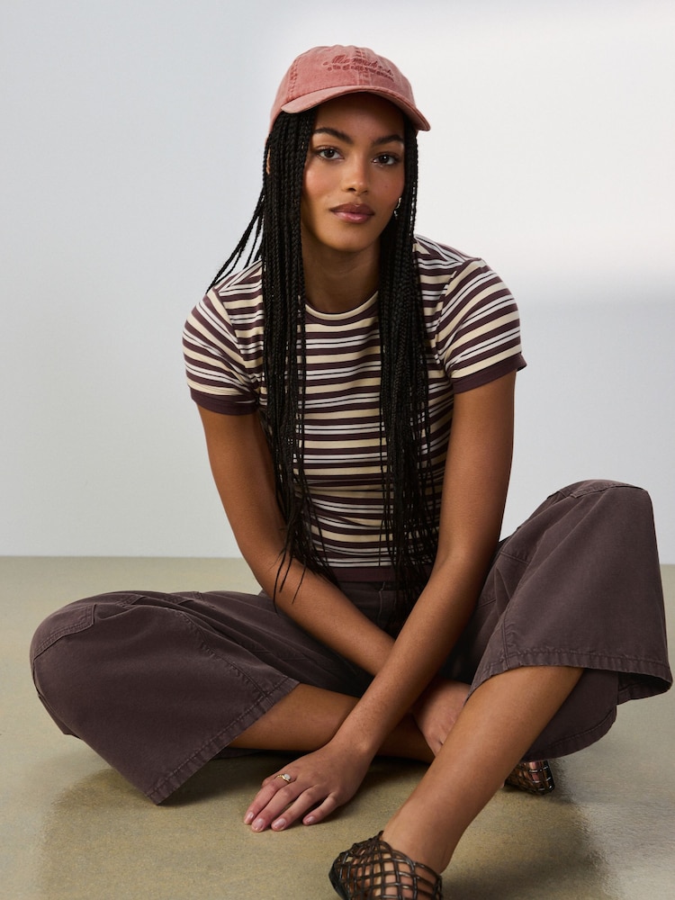 Yellow/Brown Striped Short Sleeve Layered Crew Neck T-Shirt - Image 1 of 7