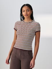 Yellow/Brown Striped Short Sleeve Layered Crew Neck T-Shirt - Image 2 of 7