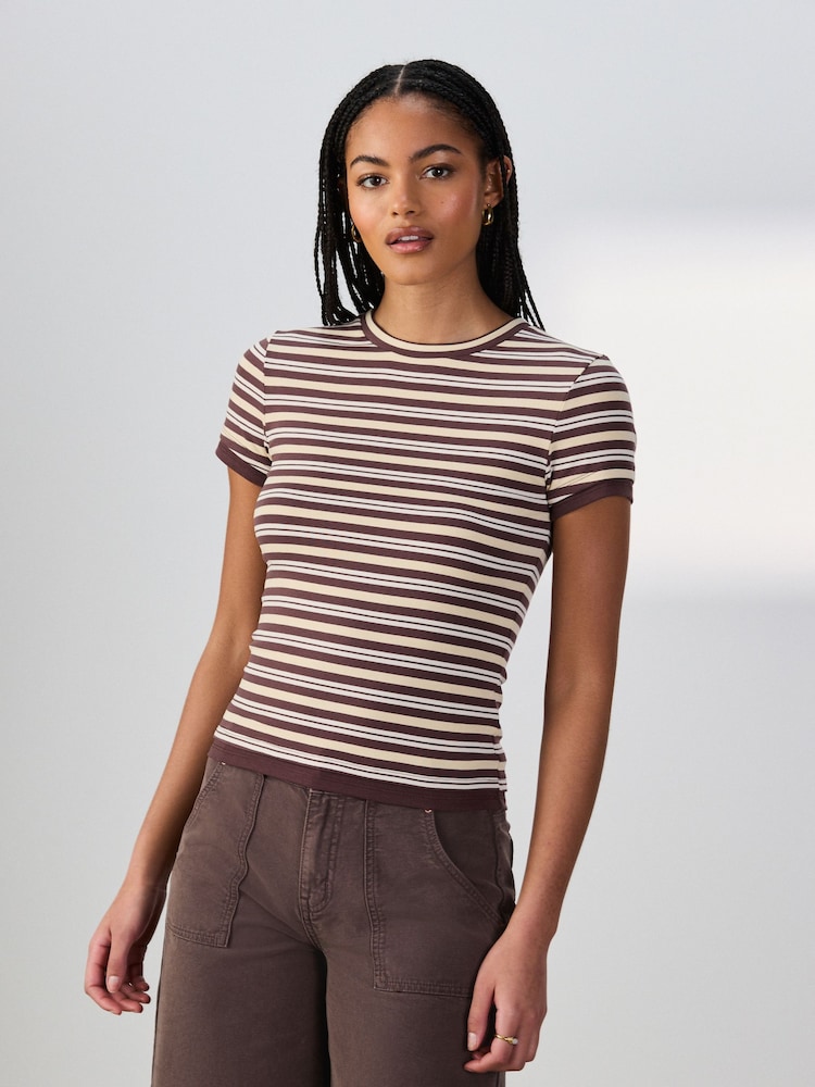 Yellow/Brown Striped Short Sleeve Layered Crew Neck T-Shirt - Image 2 of 7