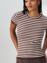 Yellow/Brown Striped Short Sleeve Layered Crew Neck T-Shirt - Image 4 of 7