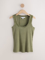 Khaki Green Premium Ribbed Scoop Tank Vest Sleeveless Top - Image 1 of 3