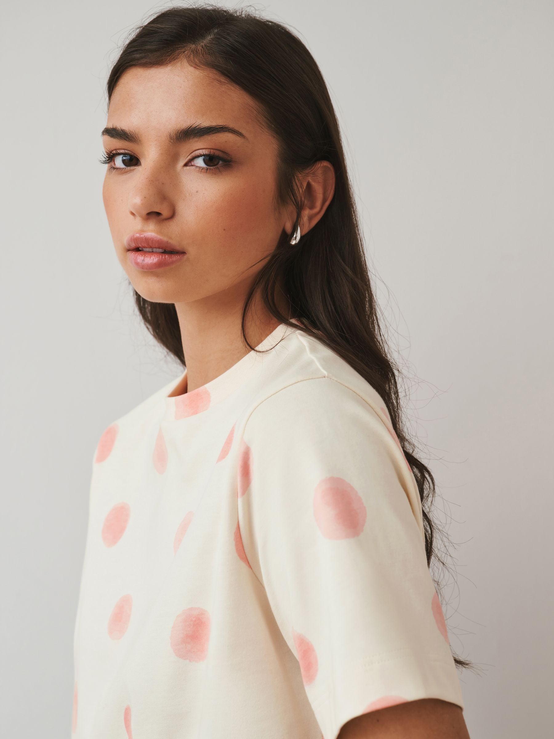 Buy Ecru/Orange Polka Dot Cropped Heavyweight Short Sleeve Crew