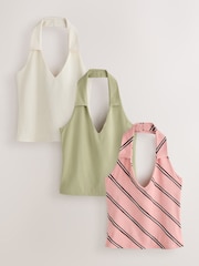 Green/Stripe/Ecru Halter Neck Tops 3 Pack - Image 1 of 7