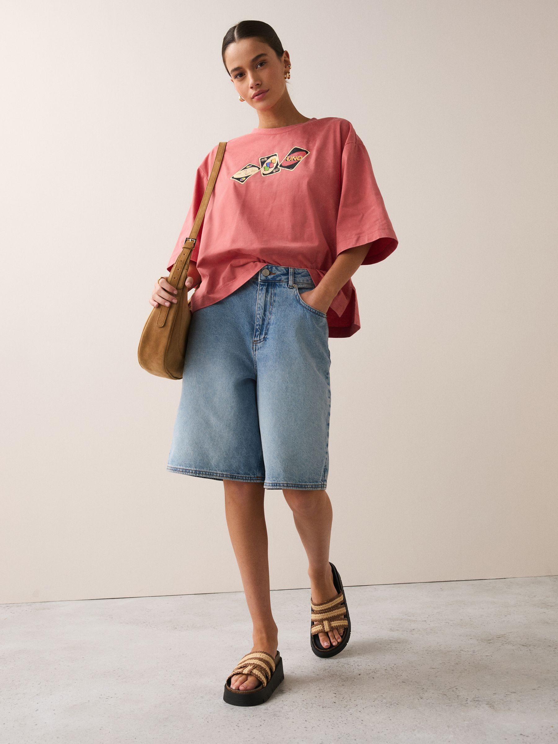 Buy Coral Pink Uno Official License Relaxed Boxy Elbow Length Crew