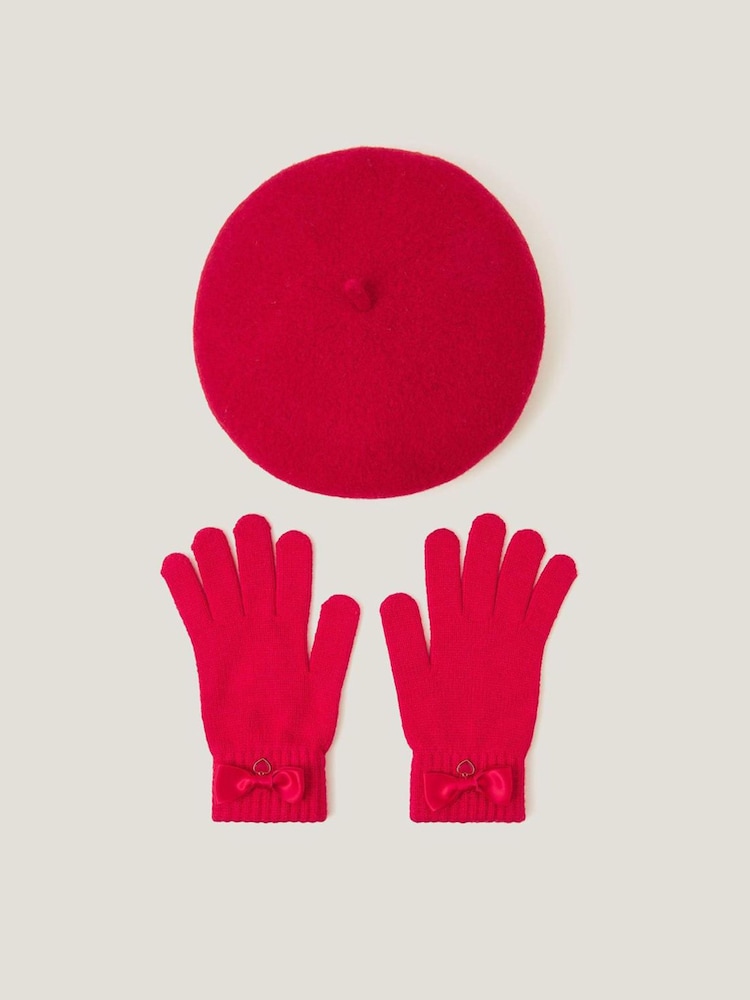 Monsoon Red Bow Wool Beret & Gloves Set - Image 1 of 4 Monsoon Red Bow Wool Beret & Gloves Set - Image 1 of 4
