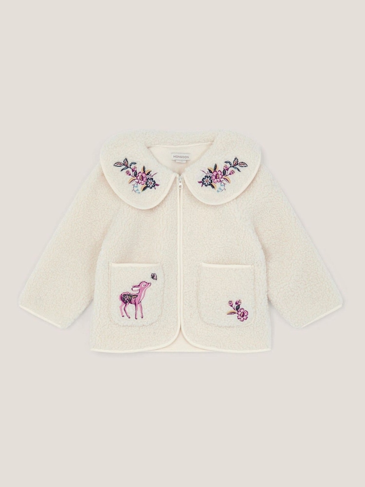 Monsoon Cream Baby Embroidered Borg Fleece Jacket - Image 2 of 4 Monsoon Cream Baby Embroidered Borg Fleece Jacket - Image 2 of 4