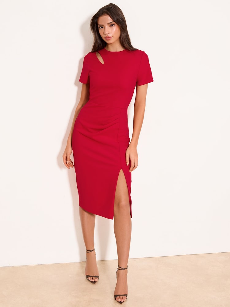 Lipsy Red Slit Shoulder Bodycon Midi Dress - Image 1 of 4 Lipsy Red Slit Shoulder Bodycon Midi Dress - Image 1 of 4