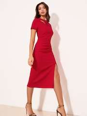 Lipsy Red Slit Shoulder Bodycon Midi Dress - Image 3 of 4
