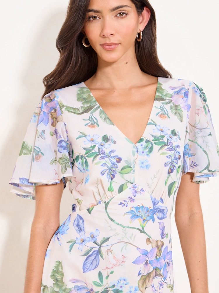 Lipsy White White Floral Print V-Neck Woven Midi Dress - Image 1 of 4
