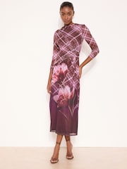 Lipsy Floral Kariert Mesh Midi-Kleid mit Netzstoff und Knoten an der Seite - Bild 1 von 4