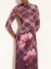 Lipsy Floral Kariert Mesh Midi-Kleid mit Netzstoff und Knoten an der Seite - Bild 2 von 4