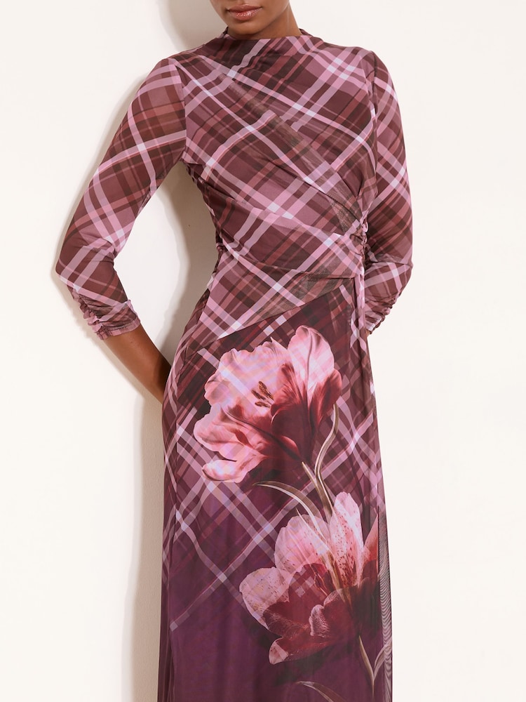 Lipsy Floral Kariert Mesh Midi-Kleid mit Netzstoff und Knoten an der Seite - Bild 2 von 4
