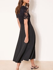 Lipsy Black Lace Mix Short Sleeve Button Midi Dress - Image 2 of 4