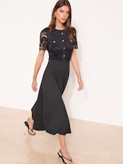 Lipsy Black Lace Mix Short Sleeve Button Midi Dress - Image 3 of 4