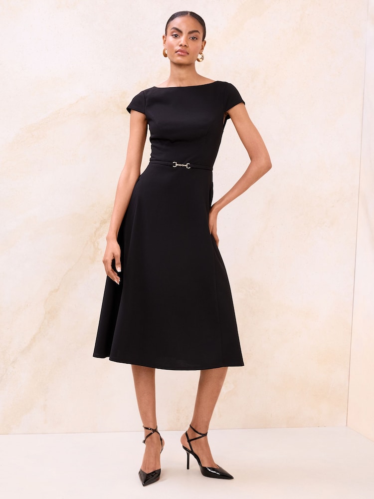 Lipsy Black Belted Historic Cap Sleeve Midi Dress - Image 1 of 4