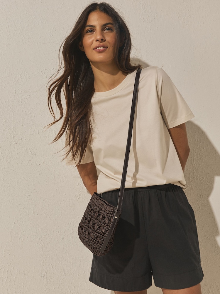 Chocolate Brown Raffia Effect Cross-Body Bag - Image 1 of 8