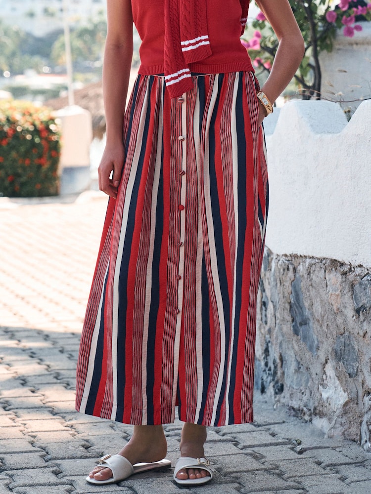Red/Navy Blue Stripe Button Front Maxi Skirt - Image 2 of 7