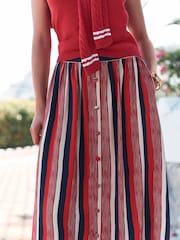 Red/Navy Blue Stripe Button Front Maxi Skirt - Image 4 of 7