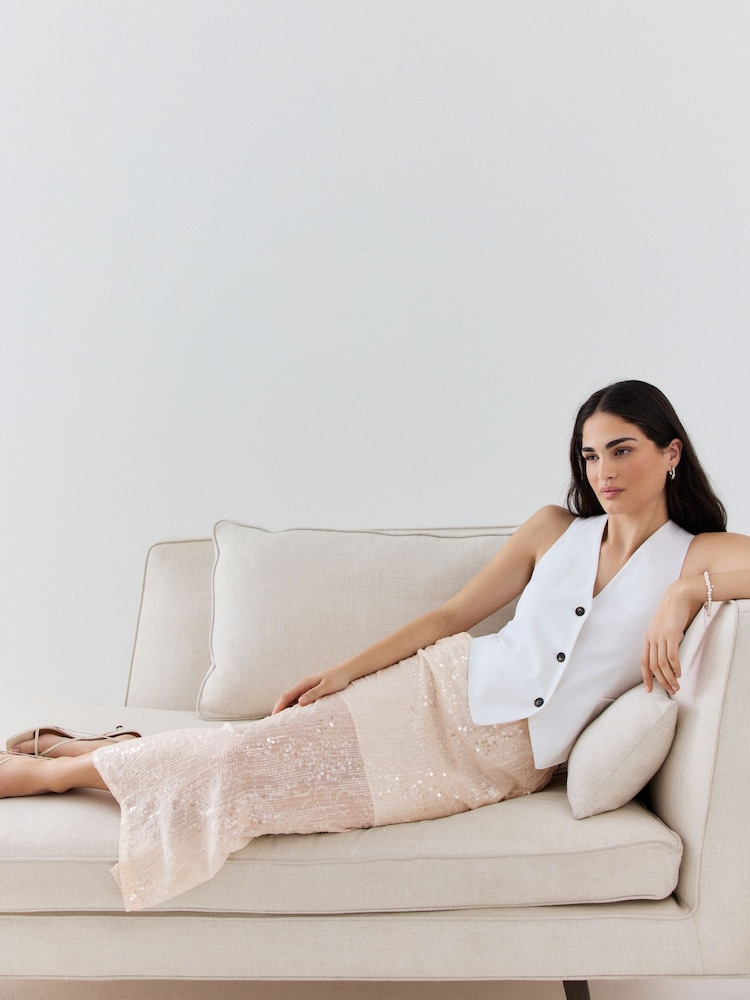 Neutral Sequin Midi Skirt - Image 1 of 8