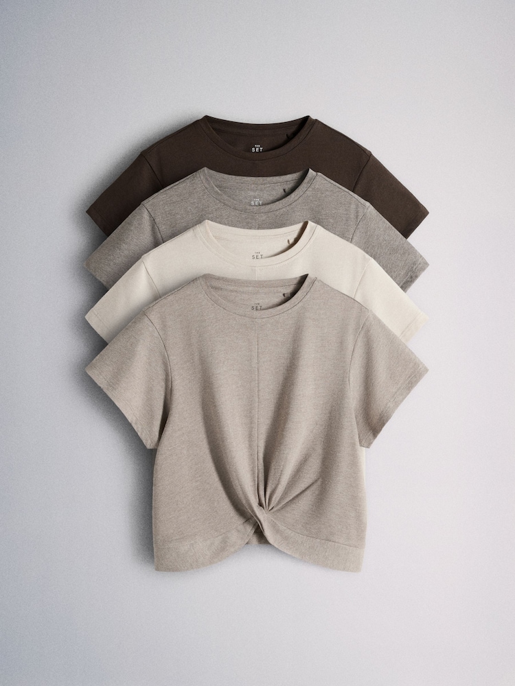 The Set 4 Pack Poly Cotton Blend Twist Front T-Shirts Brown/Cream - Image 2 of 6 The Set 4 Pack Poly Cotton Blend Twist Front T-Shirts Brown/Cream - Image 2 of 6