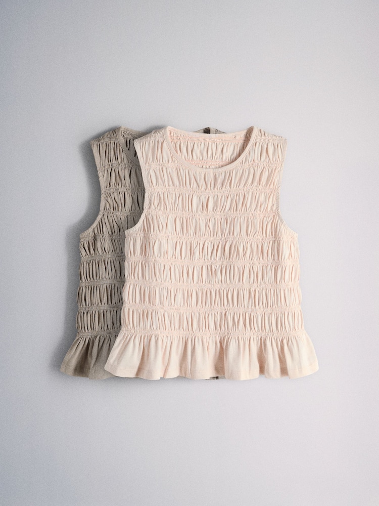 The Set 2 Pack Jersey Smocked Sleeveless Tops Pink/Brown - Image 1 of 5