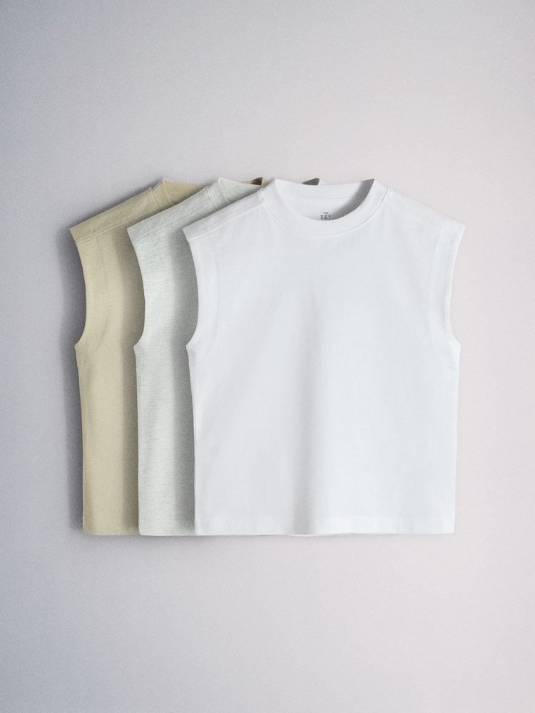 The Set 3 Pack Cotton Jersey Sleeveless T-Shirts Green/Grey/White - Image 2 of 6