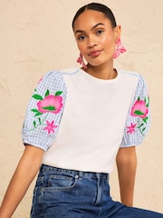 Love & Roses Ivory Gingham Embroidered Puff Sleeve Jersey T-Shirt - Image 1 of 4