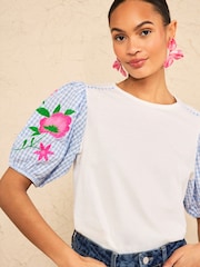 Love & Roses Ivory Gingham Embroidered Puff Sleeve Jersey T-Shirt - Image 2 of 4