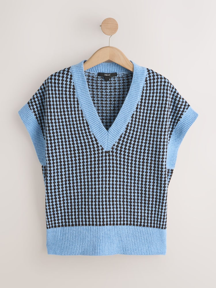 Blue/Chocolate Brown Tweed Drop Shoulder Knitted Tank Cover-Up - Image 1 of 3