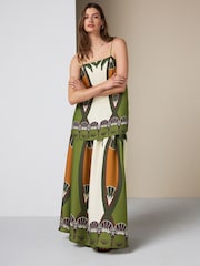 Ecru/Brown Print Satin Pleated Maxi Skirt - Image 1 of 6