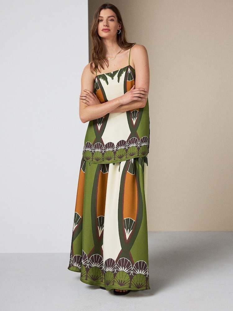 Ecru/Brown Print Satin Pleated Maxi Skirt - Image 1 of 6