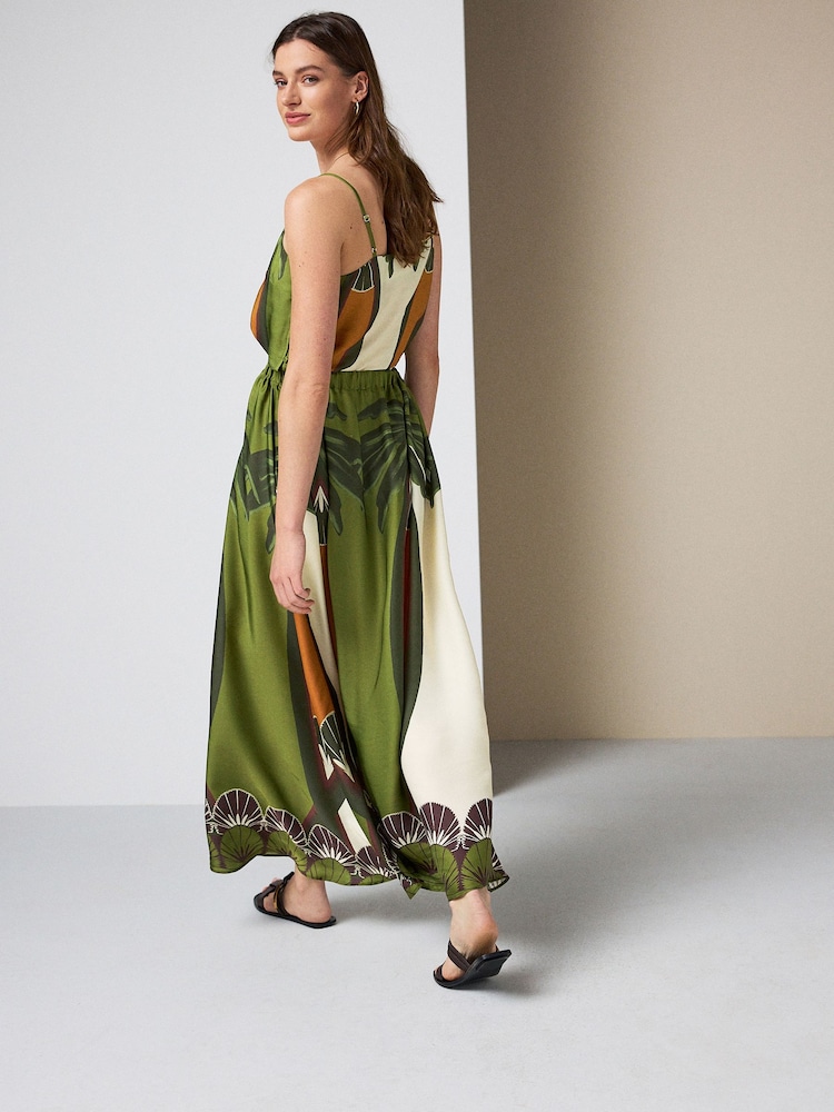 Ecru/Brown Print Satin Pleated Maxi Skirt - Image 2 of 6