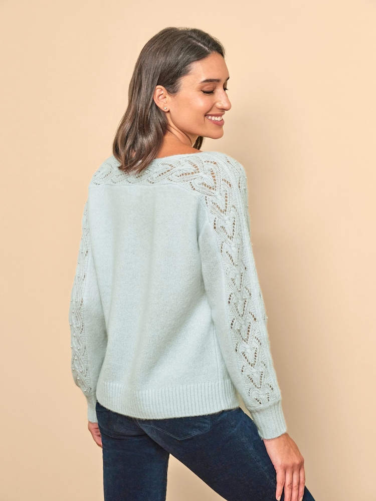 Pure Collection Blue Wool Cashmere Lace & Pearl Sleeve Jumper - Image 2 of 3 Pure Collection Blue Wool Cashmere Lace & Pearl Sleeve Jumper - Image 2 of 3