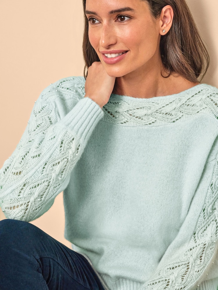 Pure Collection Blue Wool Cashmere Lace & Pearl Sleeve Jumper - Image 3 of 3 Pure Collection Blue Wool Cashmere Lace & Pearl Sleeve Jumper - Image 3 of 3