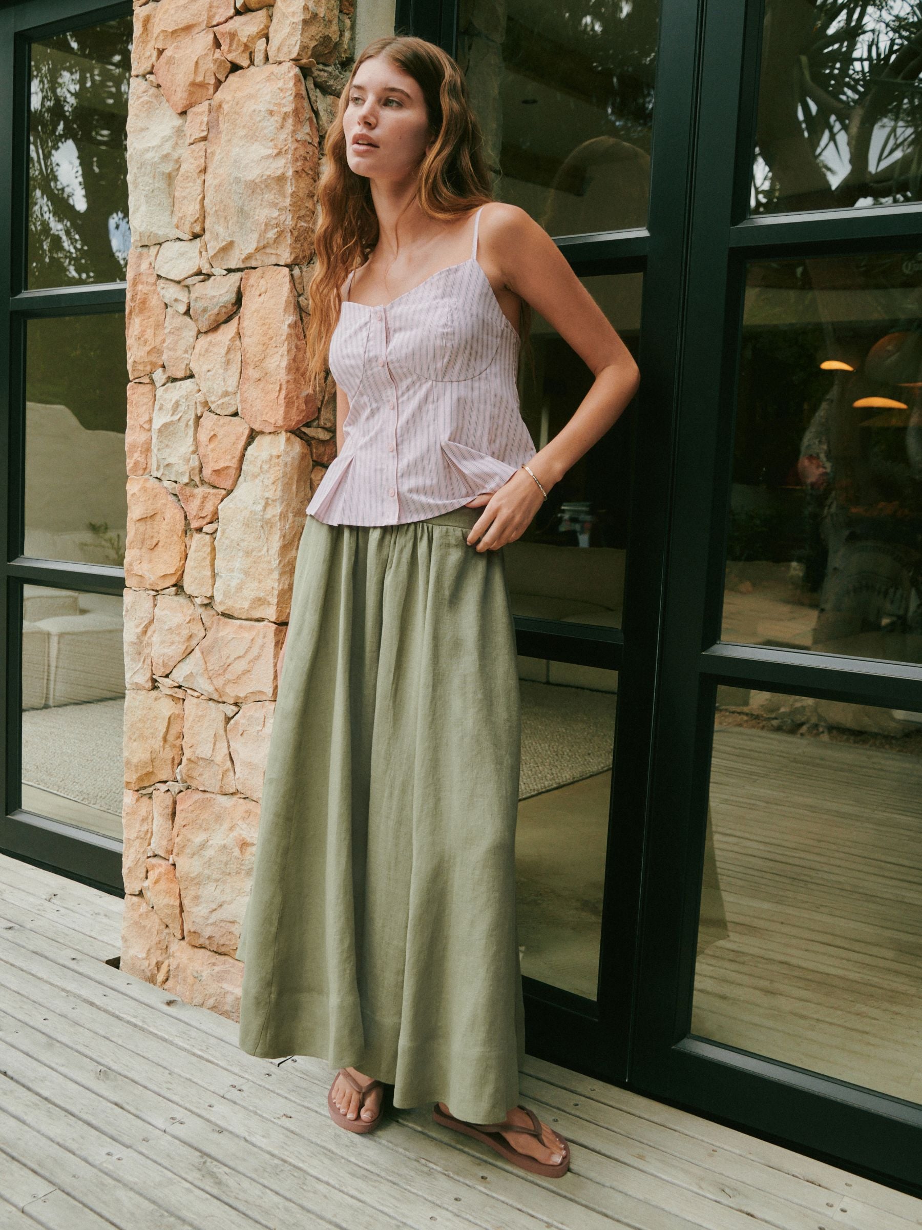 Buy Khaki Green N. Premium Linen Midi Skirt from Next USA