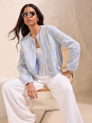 Friends Like These Blue Stripe Embroidered Cornelli Bomber Jacket - Image 6 of 6