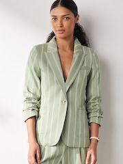 Green/Ecru Stripe N. Premium Single Breasted Blazer with Linen - Image 2 of 7